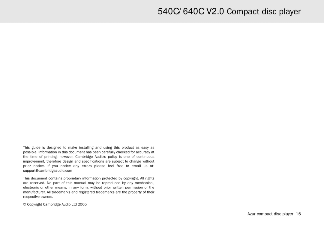 Cambridge Audio user manual 540C/640C V2.0 Compact disc player 