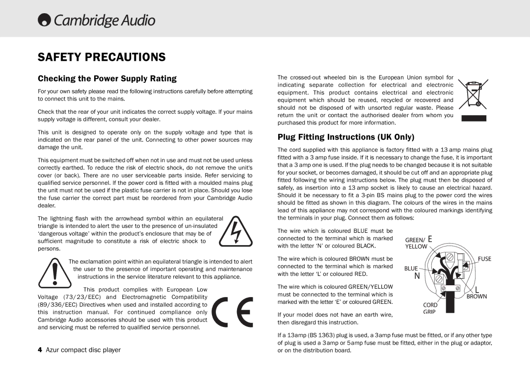 Cambridge Audio 540C user manual Safety Precautions, Checking the Power Supply Rating 