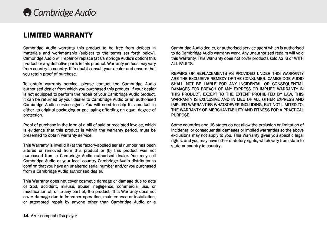 Cambridge Audio 540C user manual Limited Warranty 