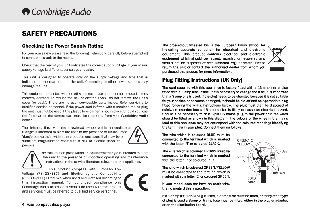 Cambridge Audio 540C user manual Safety Precautions, Checking the Power Supply Rating, Plug Fitting Instructions UK Only 