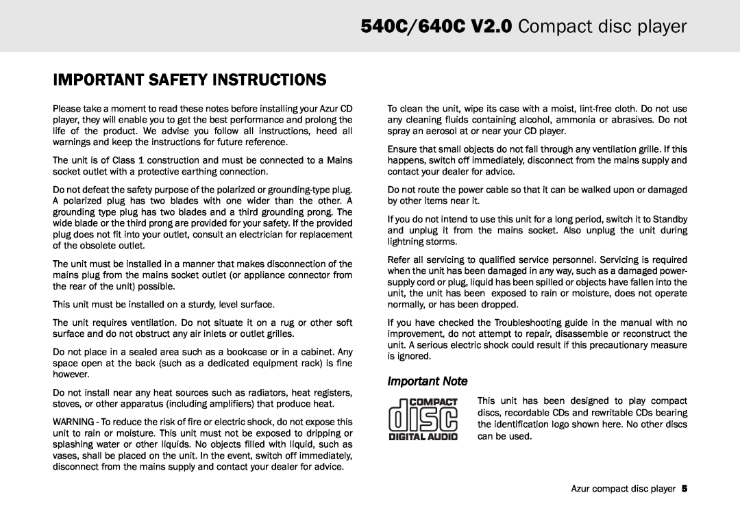 Cambridge Audio user manual Important Safety Instructions, Important Note, 540C/640C V2.0 Compact disc player 
