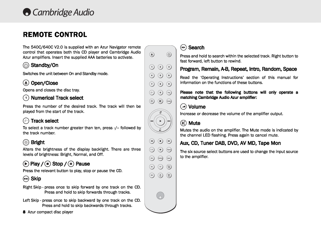 Cambridge Audio 540C user manual Remote Control 