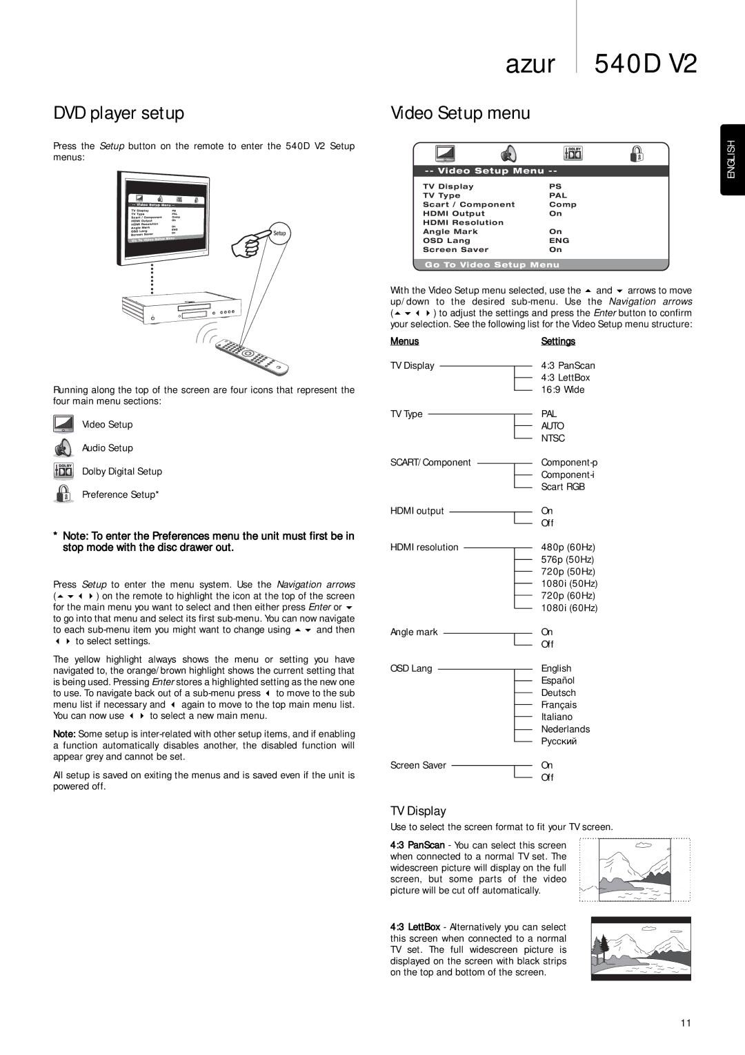 Cambridge Audio 540D V2 user manual DVD player setup, Video Setup menu, TV Display 