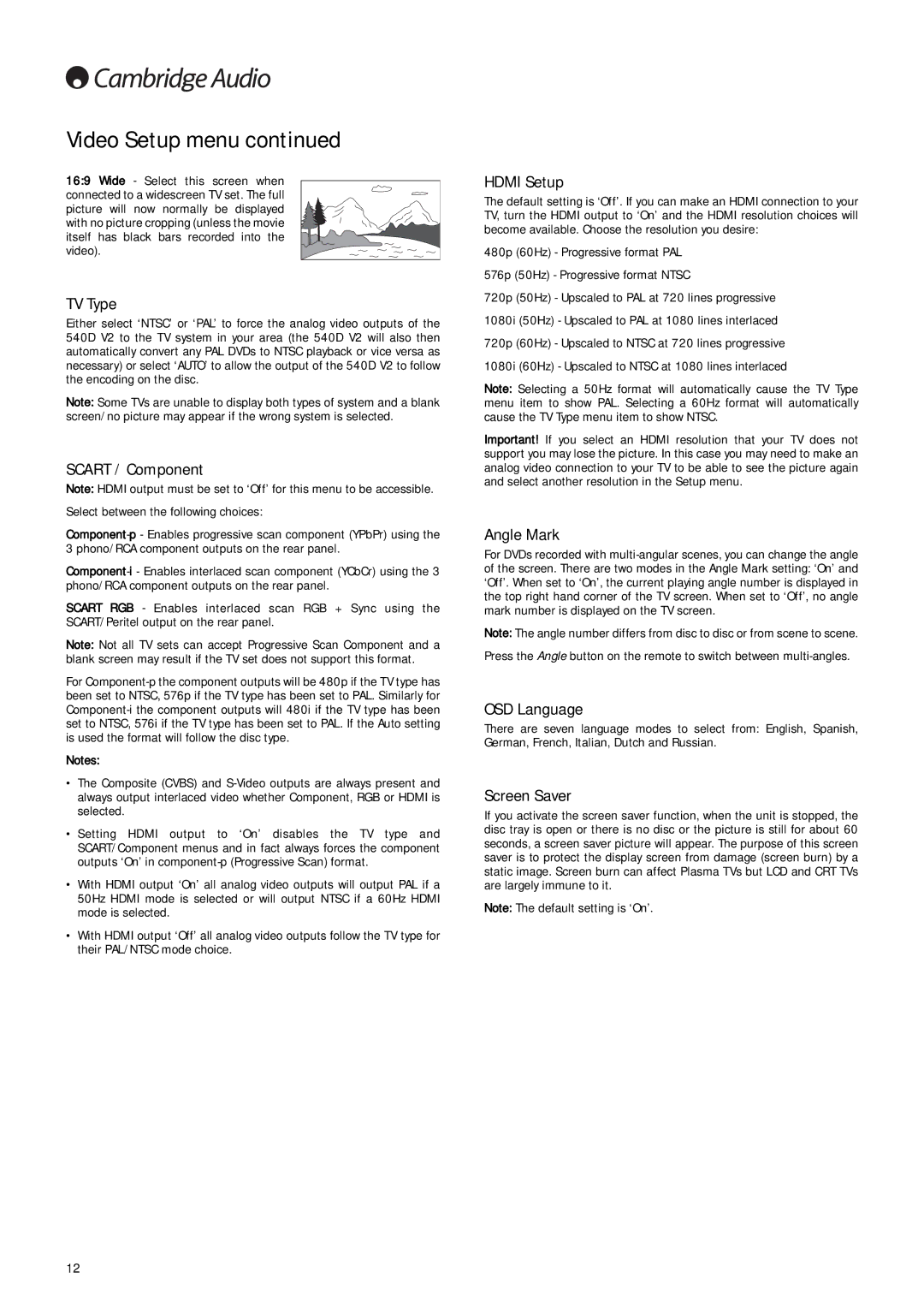 Cambridge Audio 540D V2 user manual TV Type, Scart / Component, Hdmi Setup, Angle Mark, OSD Language, Screen Saver 