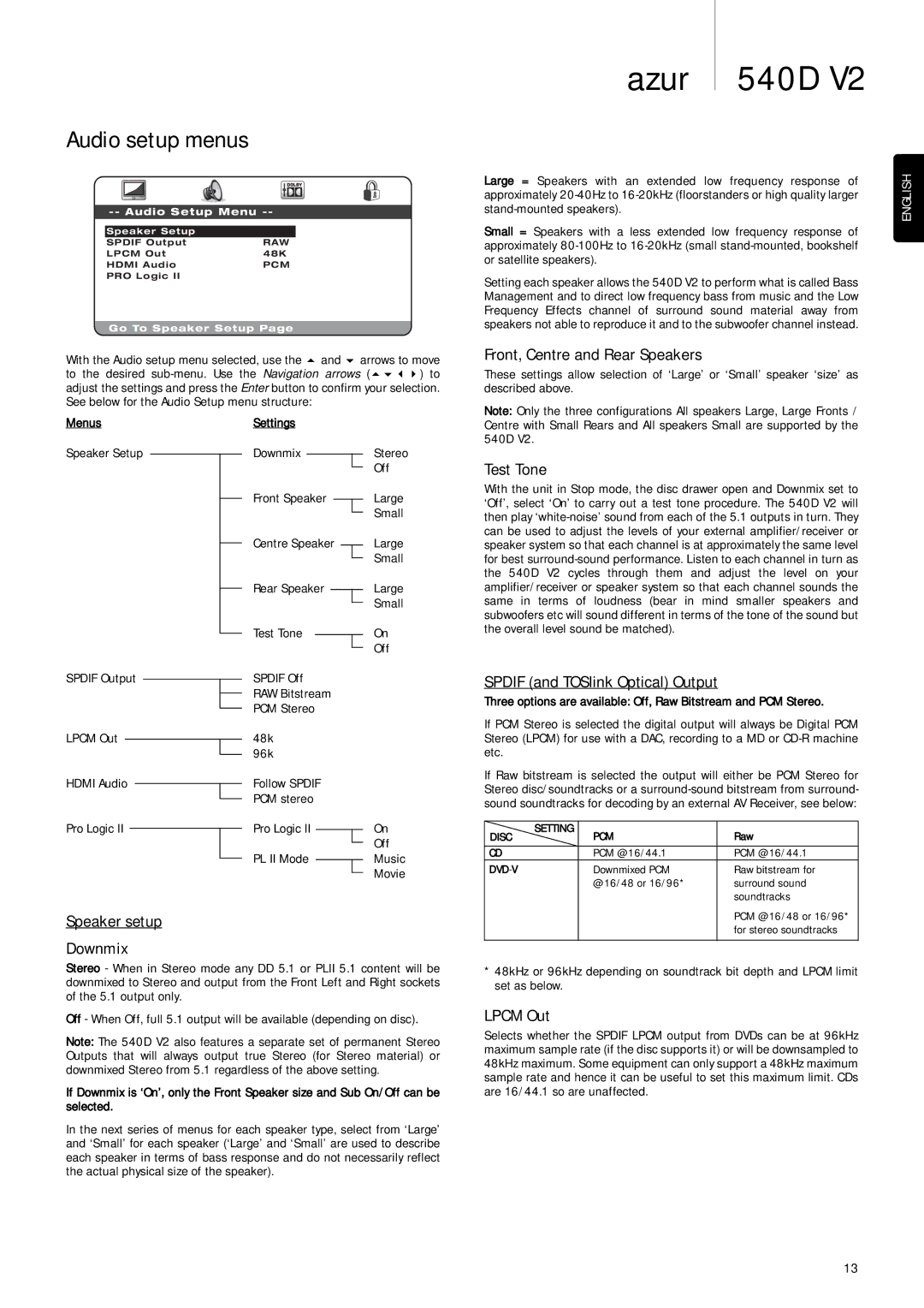 Cambridge Audio 540D V2 user manual Audio setup menus 