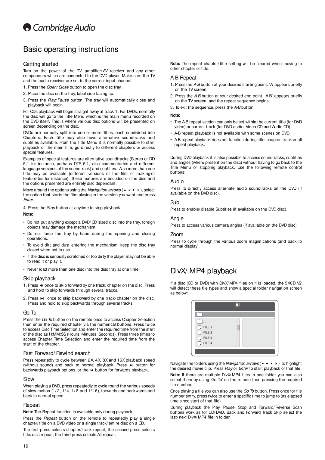 Cambridge Audio 540D V2 user manual Basic operating instructions, DivX/MP4 playback, Getting started, Skip playback 