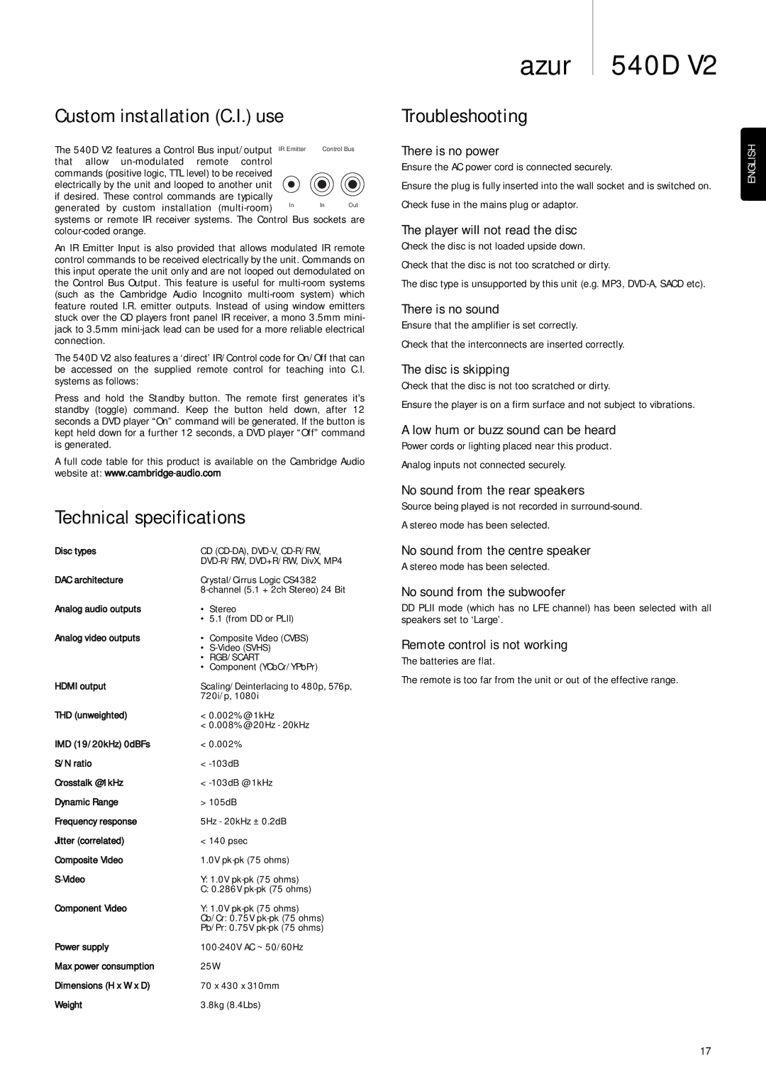 Cambridge Audio 540D V2 user manual Custom installation C.I. use, Technical specifications, Troubleshooting 