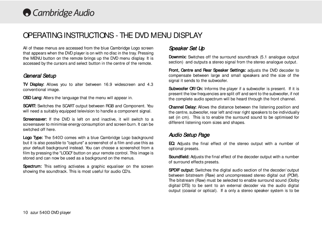 Cambridge Audio 540D user manual Operating Instructions the DVD Menu Display, General Setup, Speaker Set Up, Audio Setup 