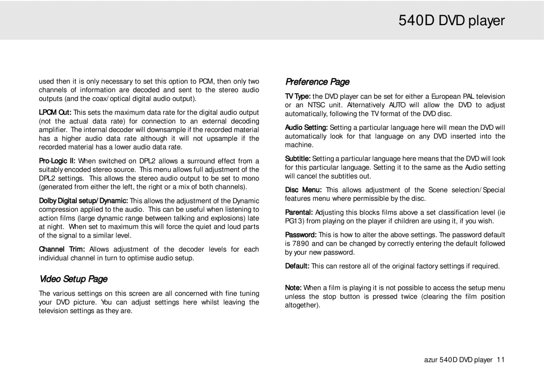 Cambridge Audio 540D user manual Video Setup, Preference 