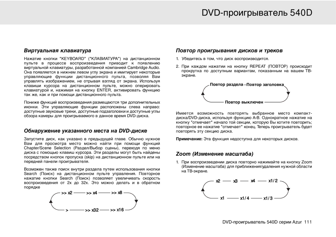 Cambridge Audio 540D user manual Виртуальная клавиатура, Повтор проигрывания дисков и треков, Zoom Изменение масштаба 