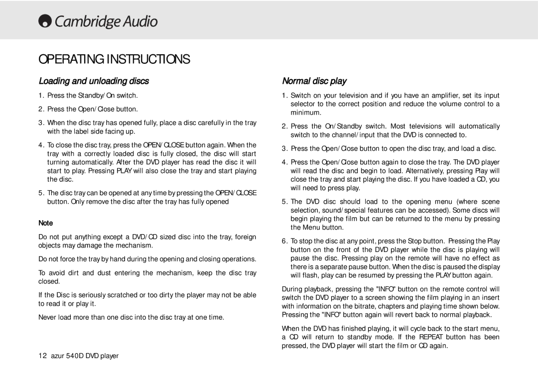 Cambridge Audio 540D user manual Operating Instructions, Loading and unloading discs, Normal disc play 