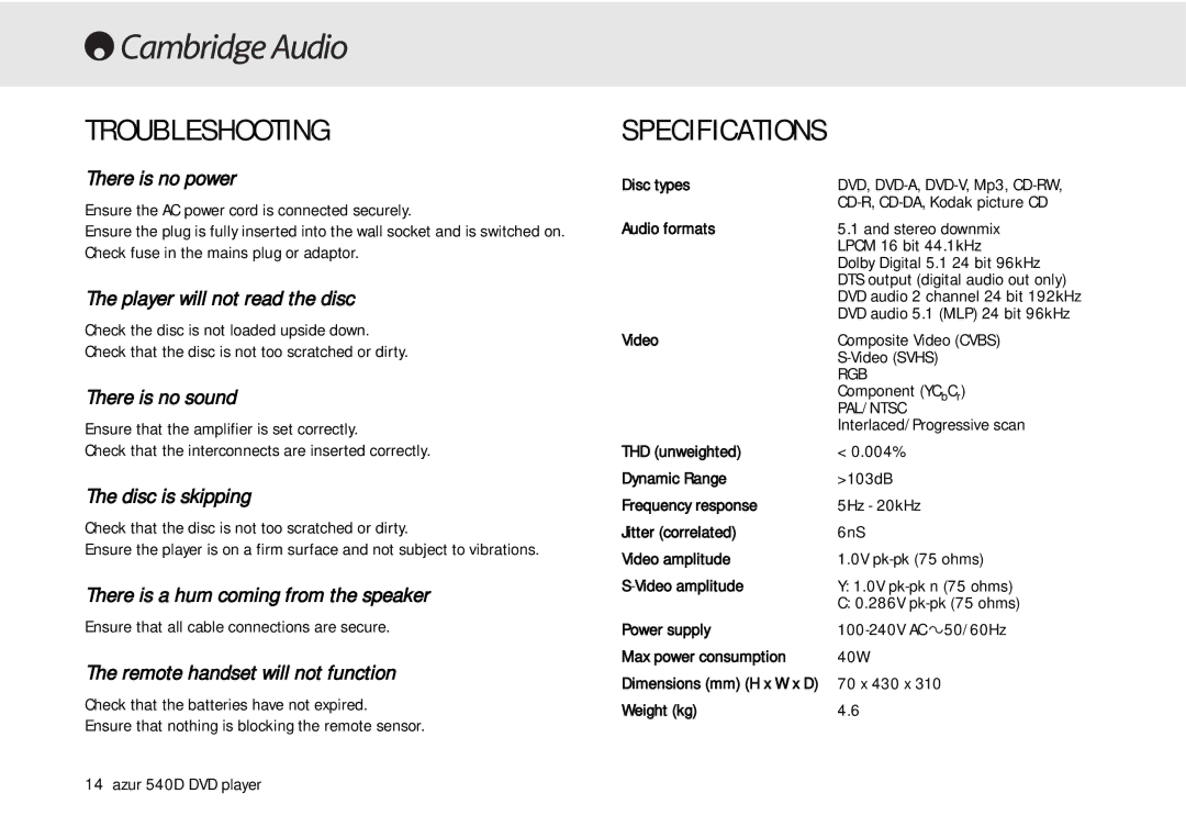 Cambridge Audio 540D user manual Troubleshooting, Specifications 