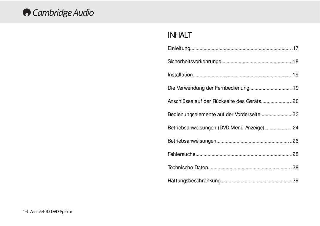 Cambridge Audio 540D user manual Inhalt 