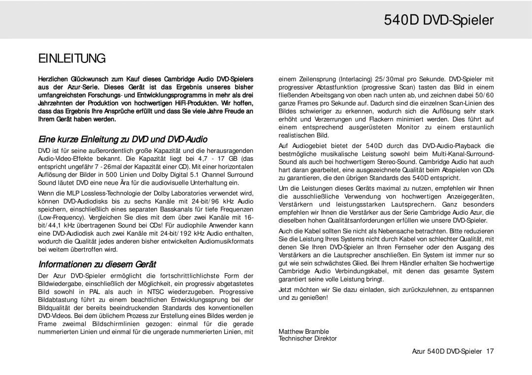 Cambridge Audio 540D user manual Eine kurze Einleitung zu DVD und DVD-Audio, Informationen zu diesem Gerät 