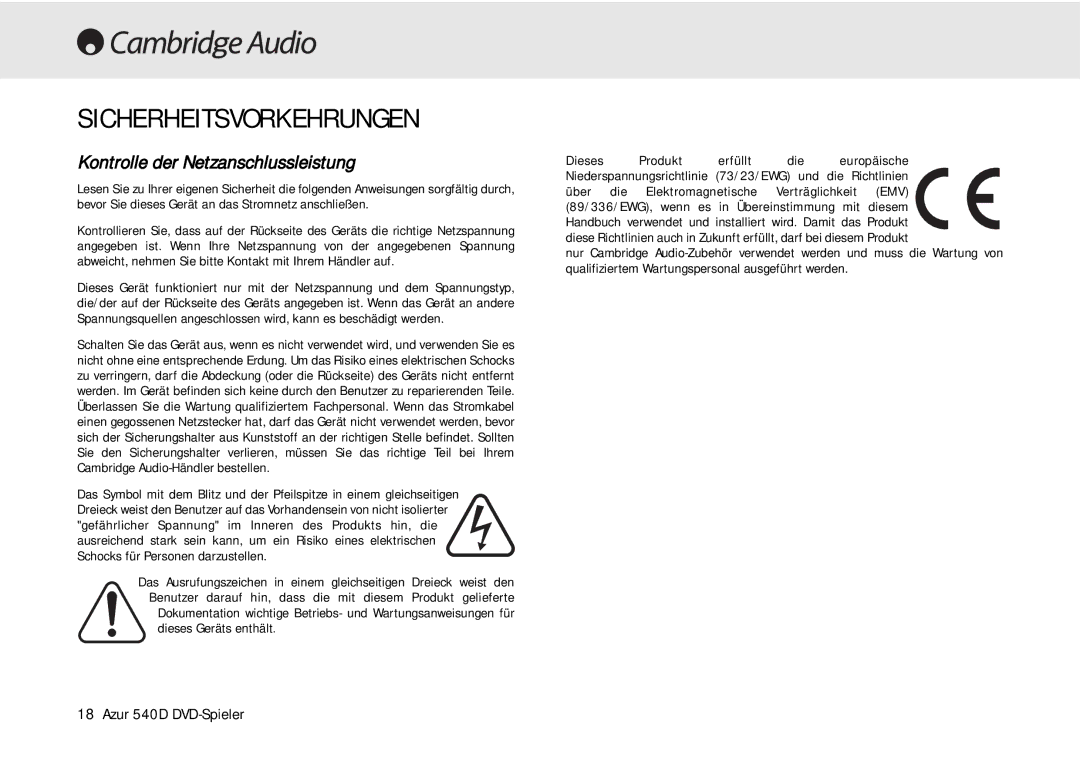 Cambridge Audio 540D user manual Sicherheitsvorkehrungen, Kontrolle der Netzanschlussleistung 