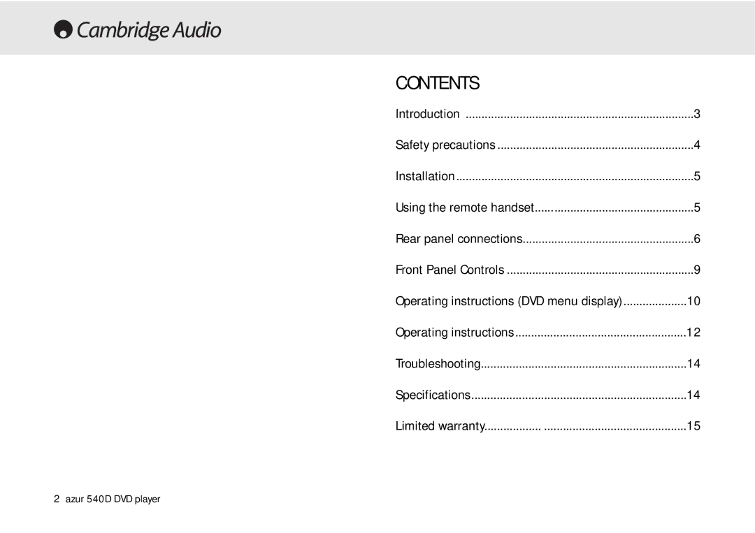 Cambridge Audio 540D user manual Contents 