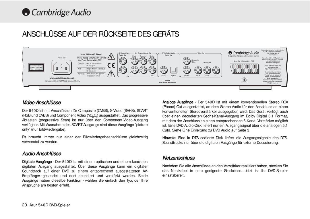 Cambridge Audio 540D user manual Anschlüsse AUF DER Rückseite DES Geräts, Video-Anschlüsse, Audio-Anschlüsse, Netzanschluss 