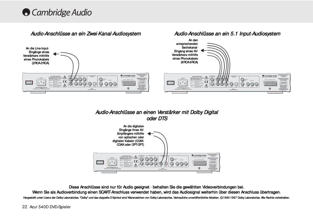 Cambridge Audio 540D Audio-Anschlüsse an ein Zwei-Kanal-Audiosystem, Audio-Anschlüsse an ein 5.1 Input-Audiosystem 