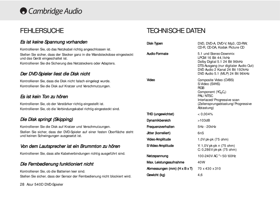 Cambridge Audio 540D user manual Fehlersuche, Technische Daten 