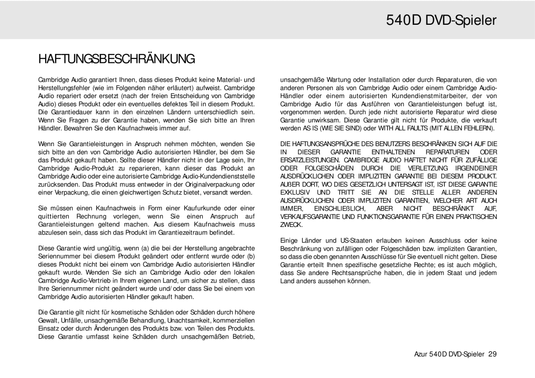 Cambridge Audio 540D user manual Haftungsbeschränkung 