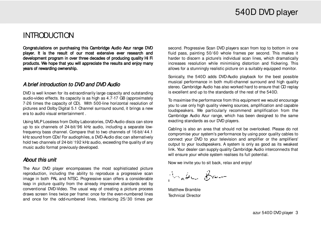 Cambridge Audio 540D user manual Introduction, Brief introduction to DVD and DVD Audio, About this unit 