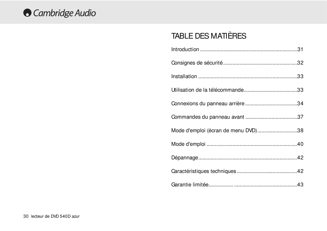 Cambridge Audio 540D user manual Table DES Matières 