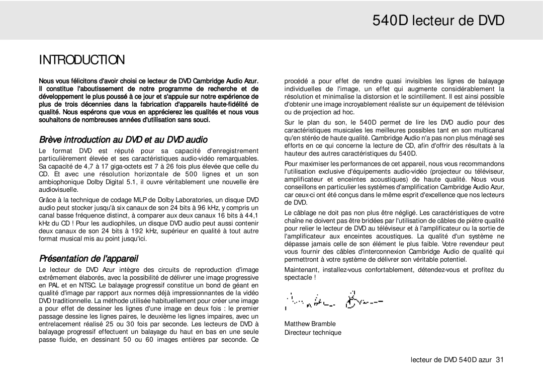 Cambridge Audio 540D user manual Brève introduction au DVD et au DVD audio, Présentation de lappareil 