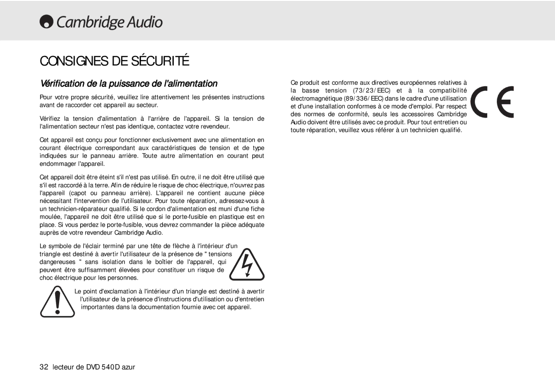 Cambridge Audio 540D user manual Consignes DE Sécurité, Vérification de la puissance de lalimentation 