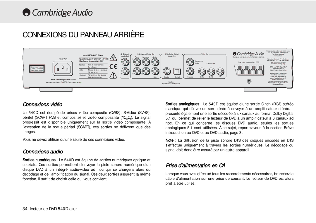 Cambridge Audio 540D Connexions DU Panneau Arrière, Connexions vidéo, Connexions audio, Prise dalimentation en CA 