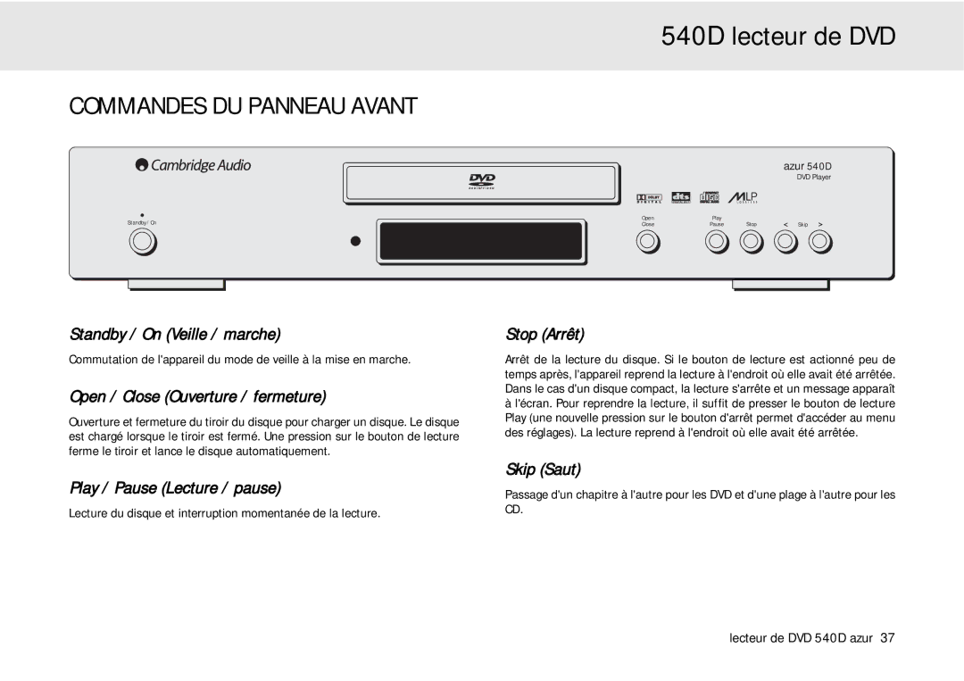 Cambridge Audio 540D user manual Commandes DU Panneau Avant 