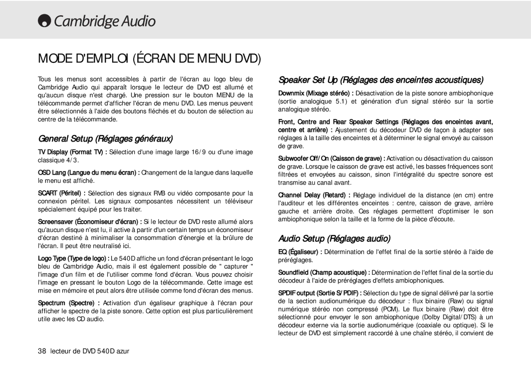 Cambridge Audio 540D Mode Demploi Écran DE Menu DVD, General Setup Réglages généraux, Audio Setup Réglages audio 