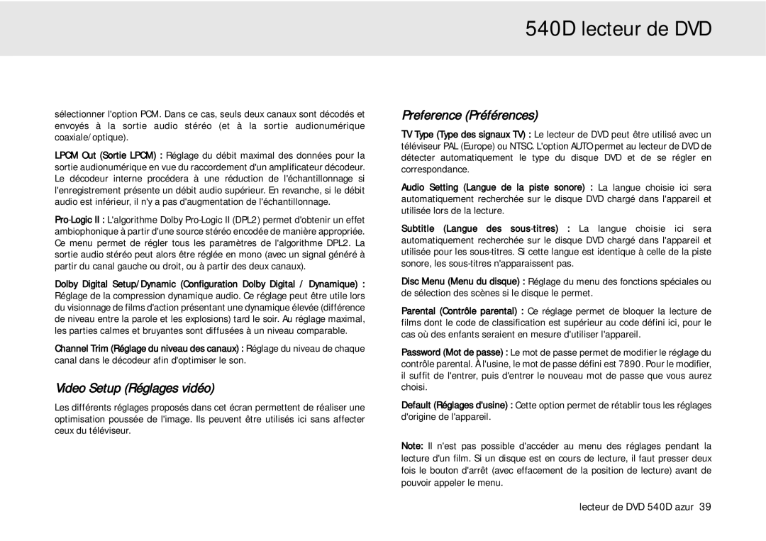 Cambridge Audio 540D user manual Video Setup Réglages vidéo, Preference Préférences 