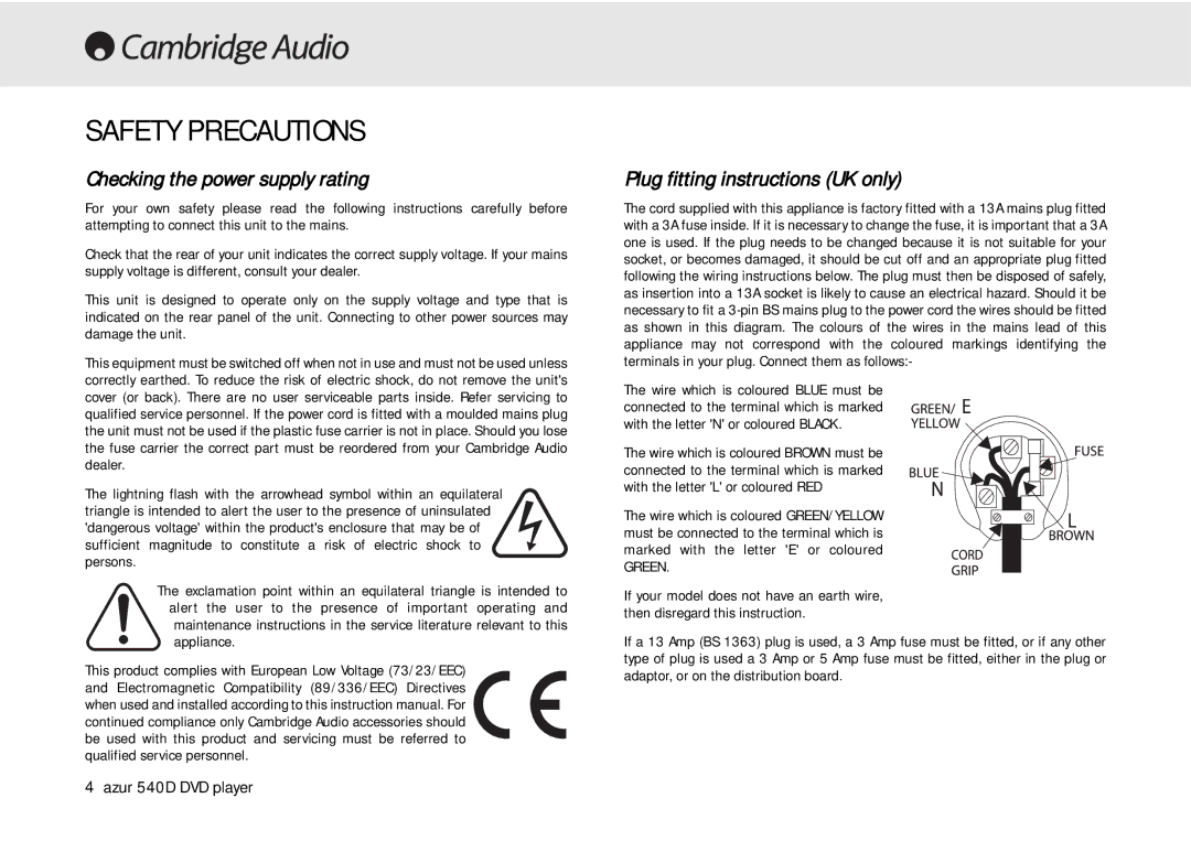 Cambridge Audio 540D user manual Safety Precautions, Checking the power supply rating, Plug fitting instructions UK only 