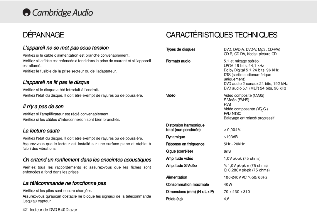 Cambridge Audio 540D user manual Dépannage, Caractéristiques Techniques 