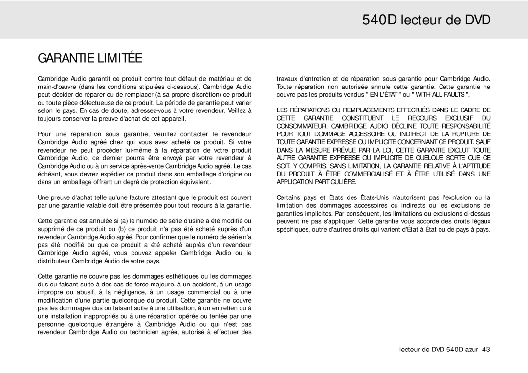 Cambridge Audio 540D user manual Garantie Limitée 