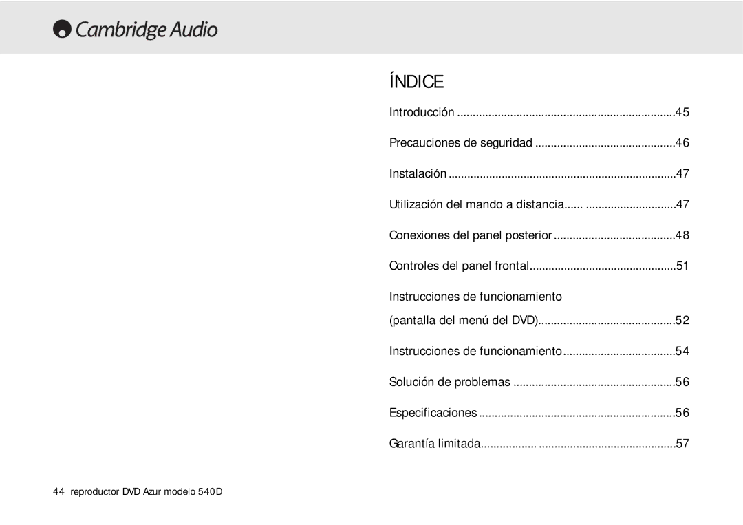 Cambridge Audio 540D user manual Índice 