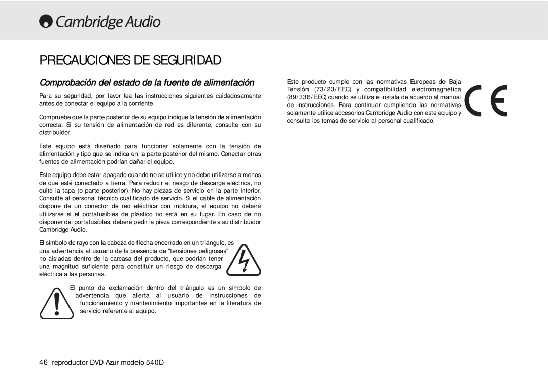 Cambridge Audio 540D user manual Precauciones DE Seguridad, Comprobación del estado de la fuente de alimentación 