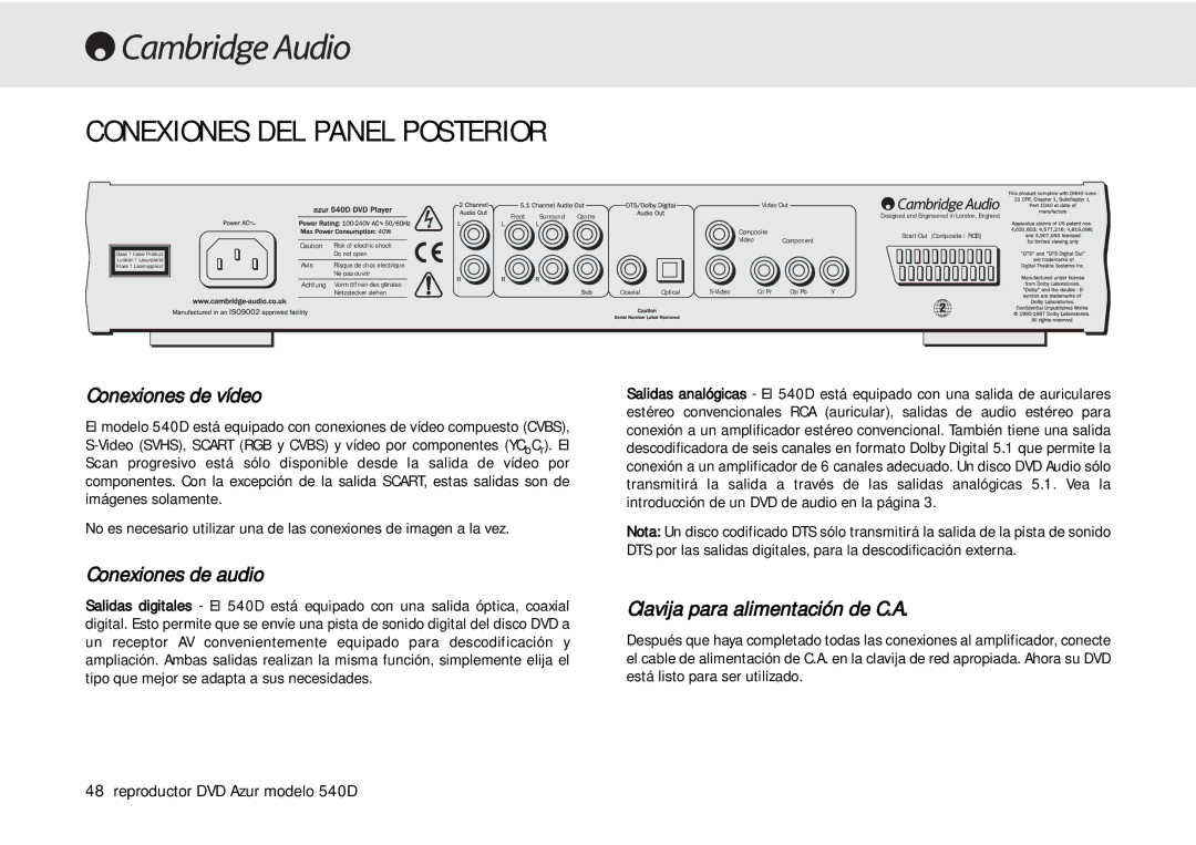 Cambridge Audio 540D user manual Conexiones DEL Panel Posterior, Conexiones de vídeo, Conexiones de audio 