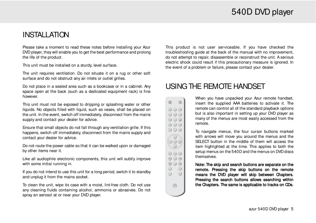 Cambridge Audio 540D user manual Installation, Using the Remote Handset 