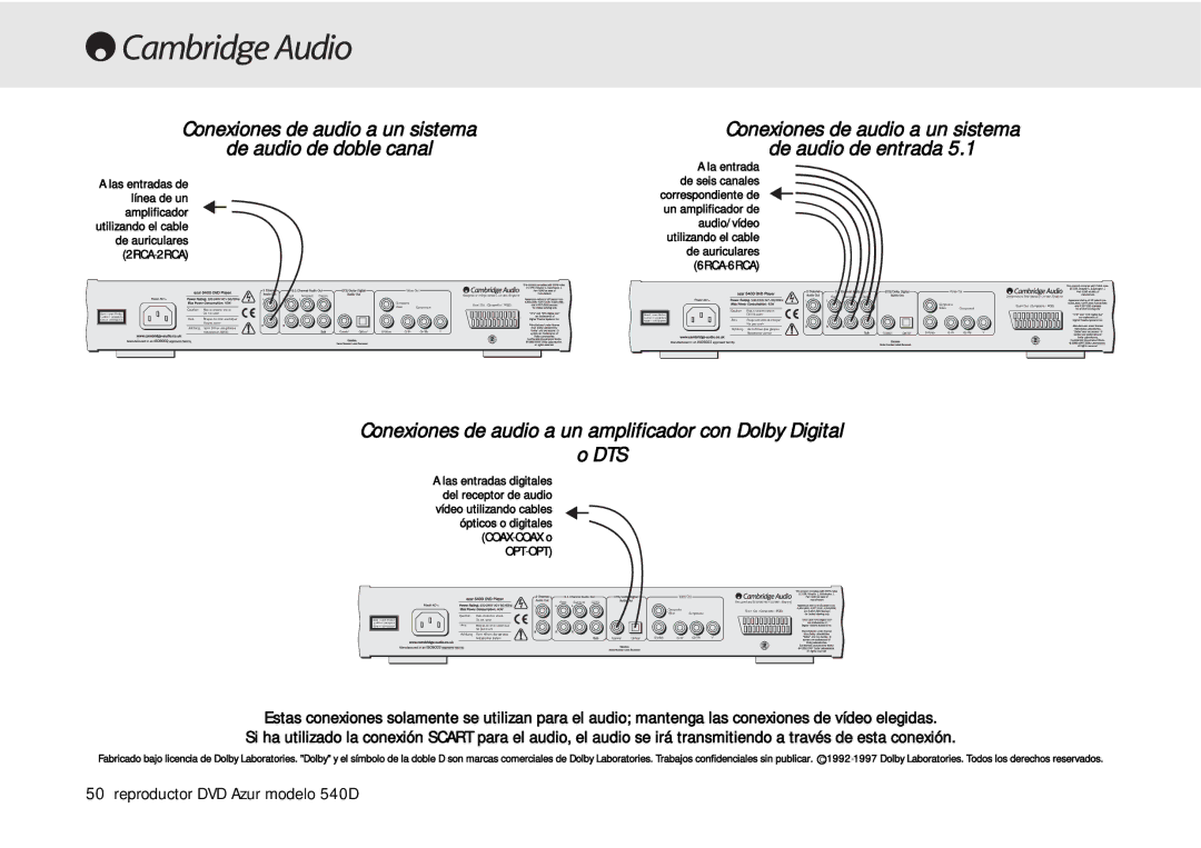 Cambridge Audio 540D user manual Conexiones de audio a un sistema De audio de doble canal 