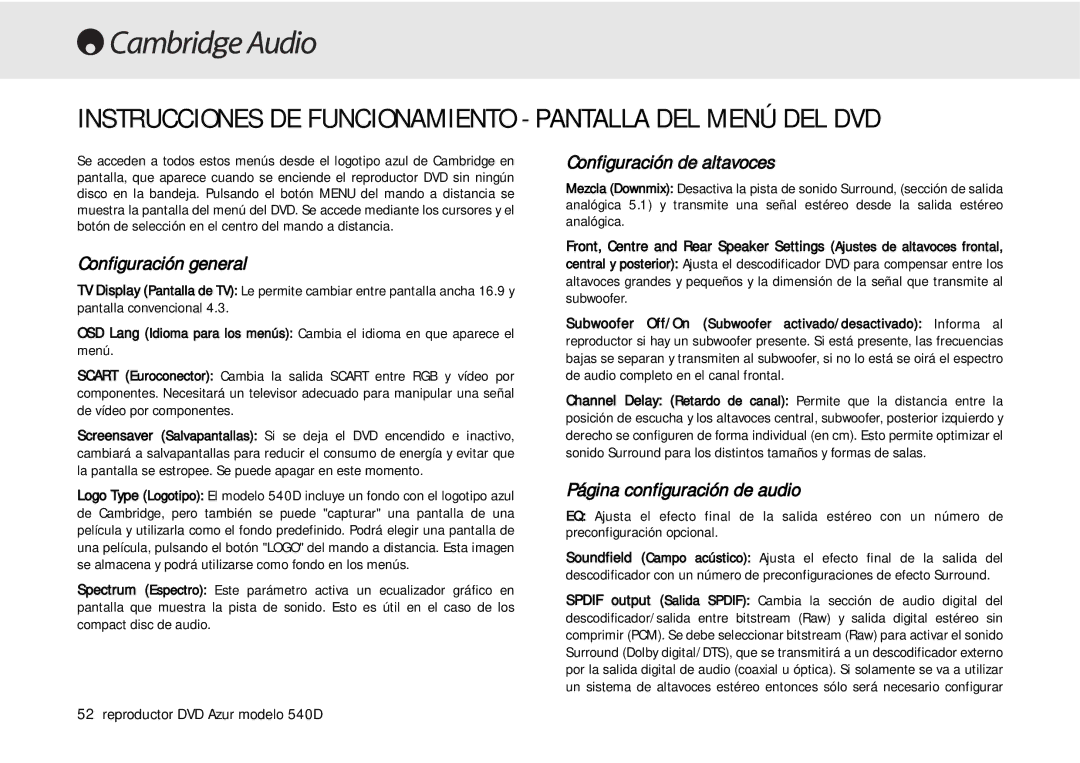 Cambridge Audio 540D user manual Instrucciones DE Funcionamiento Pantalla DEL Menú DEL DVD, Configuración general 