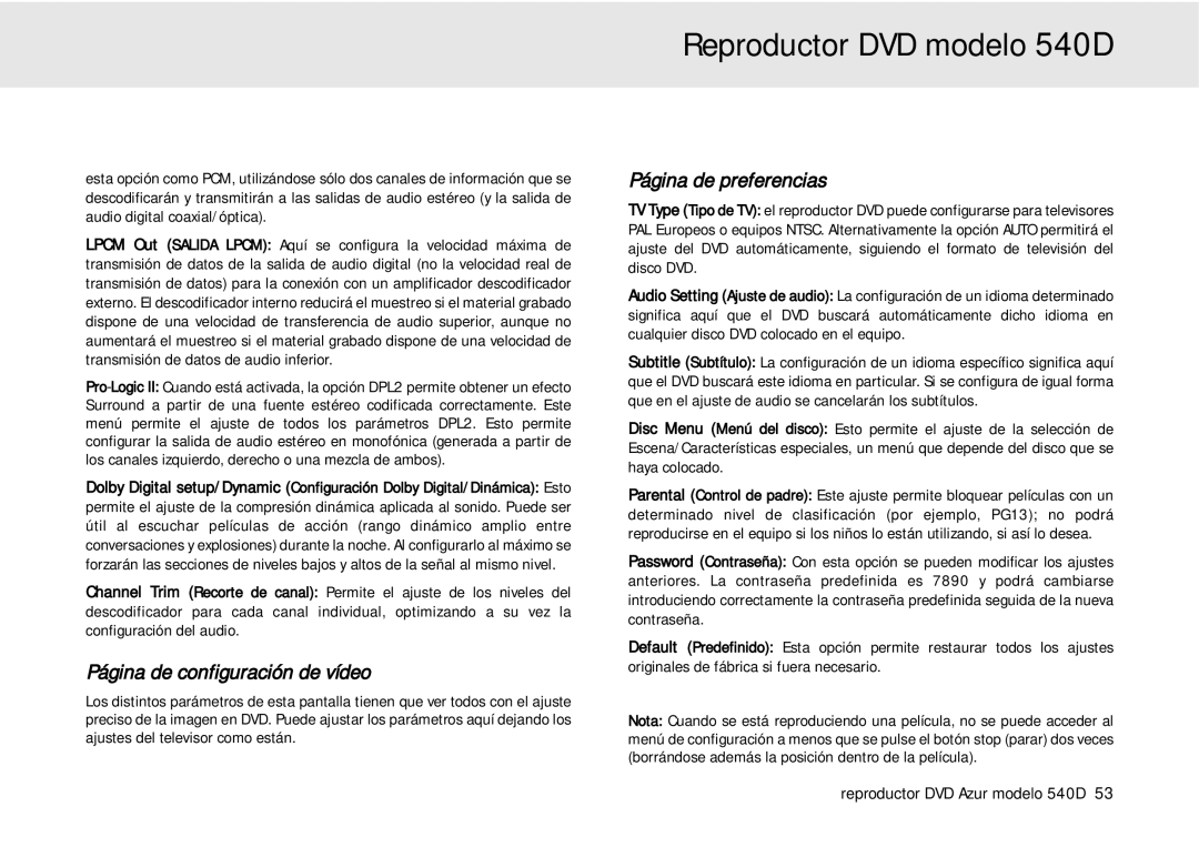 Cambridge Audio 540D user manual Página de configuración de vídeo, Página de preferencias 