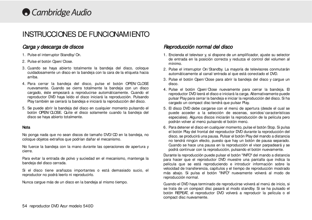 Cambridge Audio 540D Instrucciones DE Funcionamiento, Carga y descarga de discos, Reproducción normal del disco, Nota 