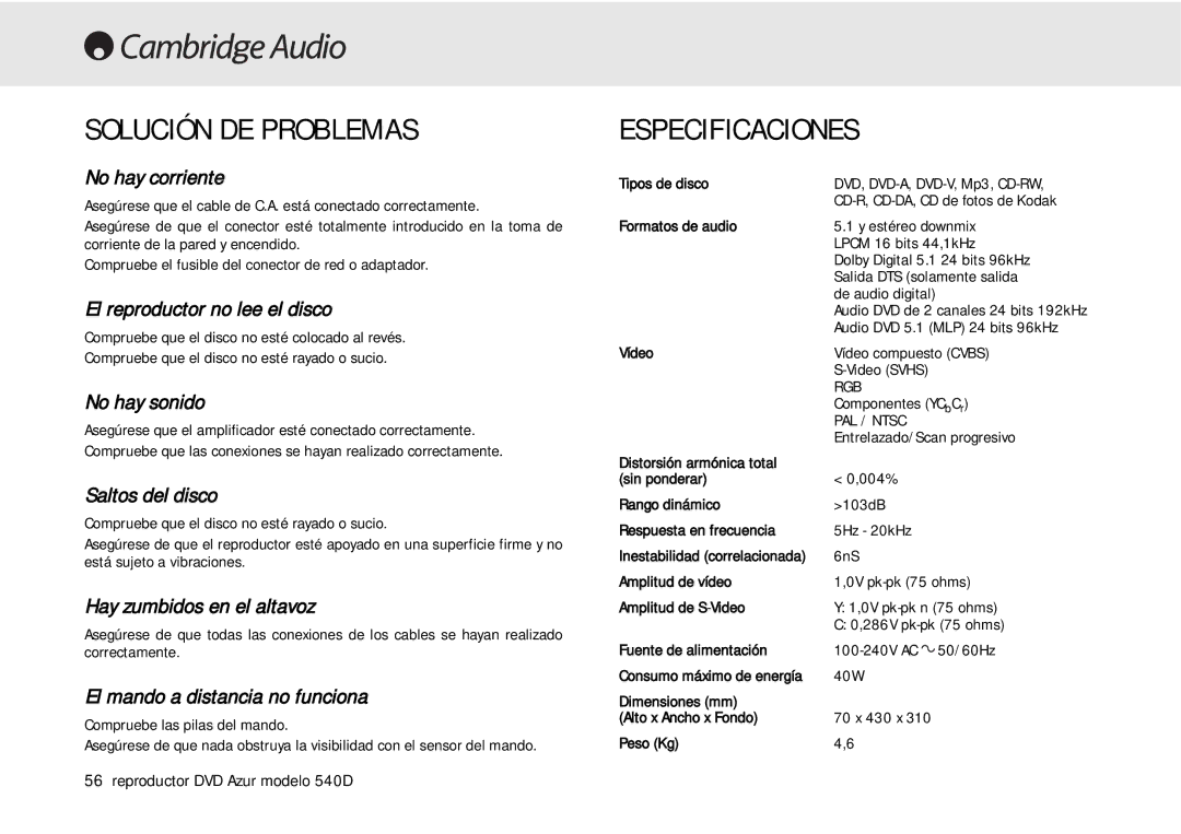 Cambridge Audio 540D user manual Solución DE Problemas, Especificaciones 