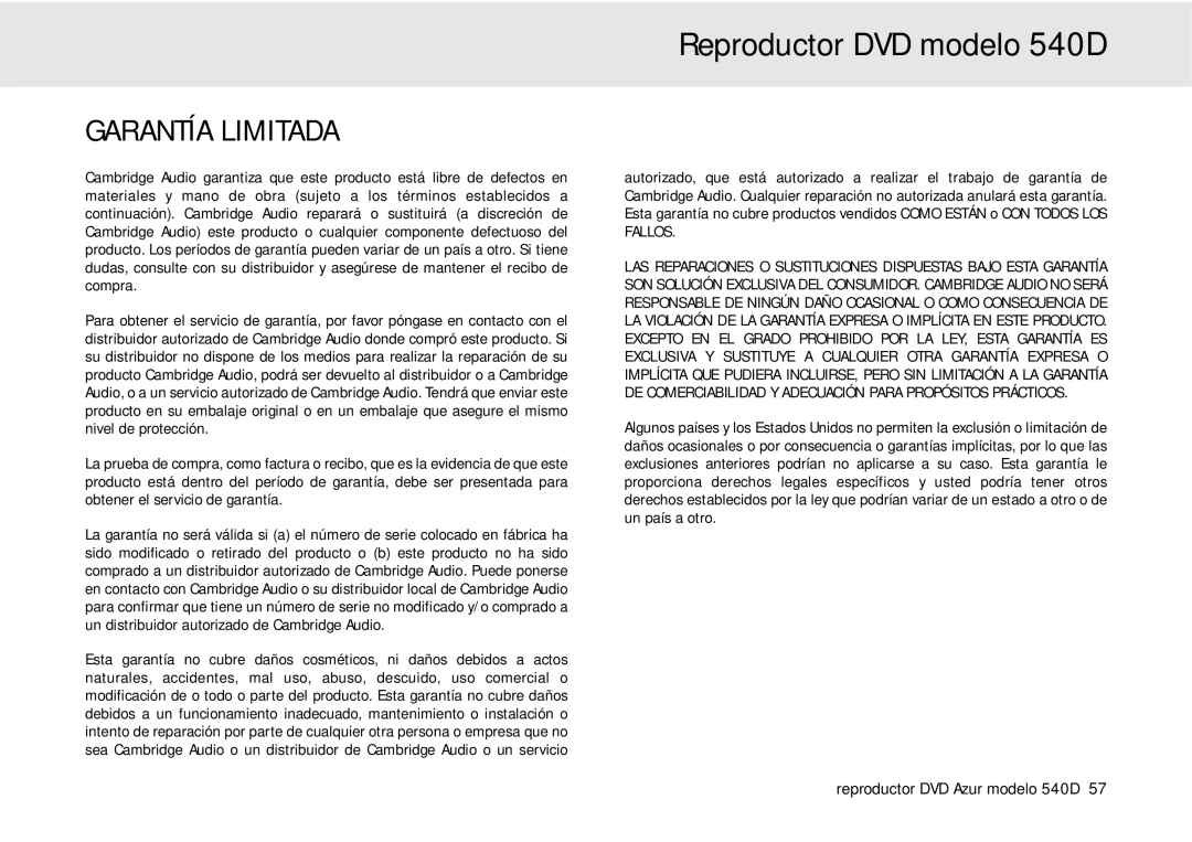 Cambridge Audio 540D user manual Garantía Limitada 