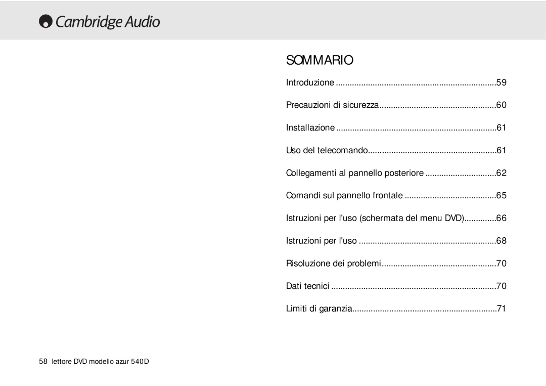 Cambridge Audio 540D user manual Sommario 