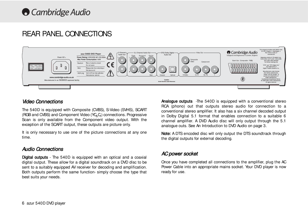 Cambridge Audio 540D user manual Rear Panel Connections, Video Connections, Audio Connections, AC power socket 