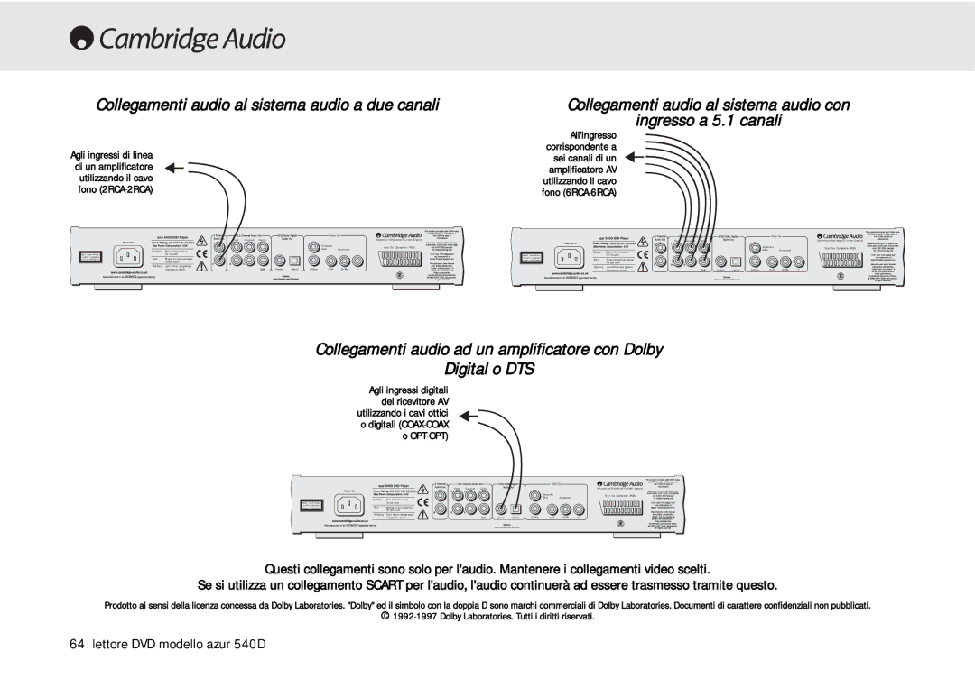 Cambridge Audio 540D user manual Collegamenti audio al sistema audio a due canali 