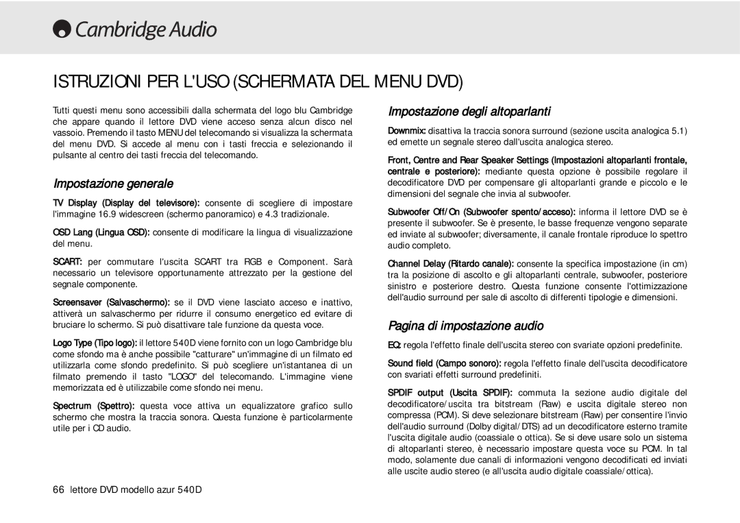 Cambridge Audio 540D Istruzioni PER Luso Schermata DEL Menu DVD, Impostazione generale, Impostazione degli altoparlanti 