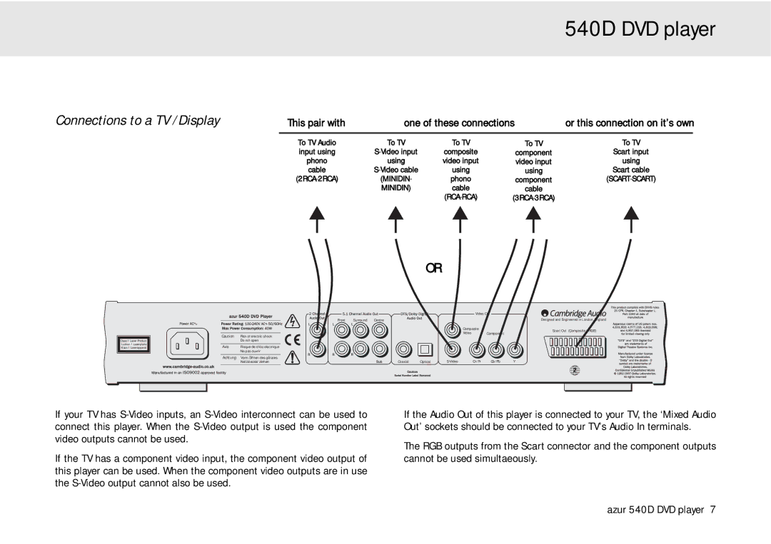 Cambridge Audio 540D user manual Connections to a TV /Display 